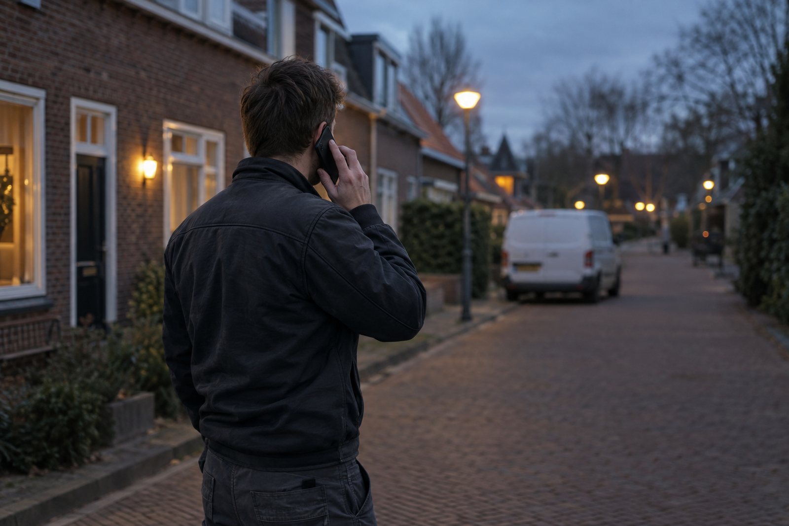 Een monteur belt 's avonds vanaf een Nederlandse woonstraat, een bedrijfsbus onscherp op de achtergrond.