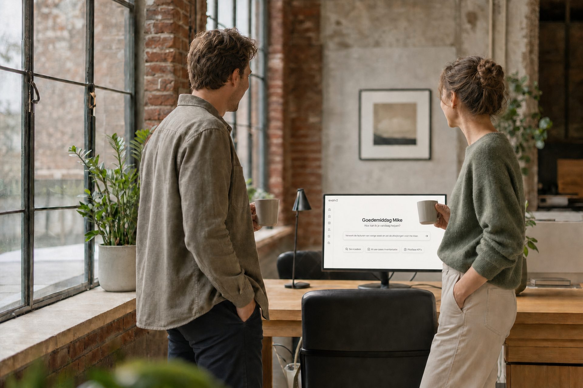 Twee collega's in gesprek met koffie, naast een scherm waarop het werk doorloopt.