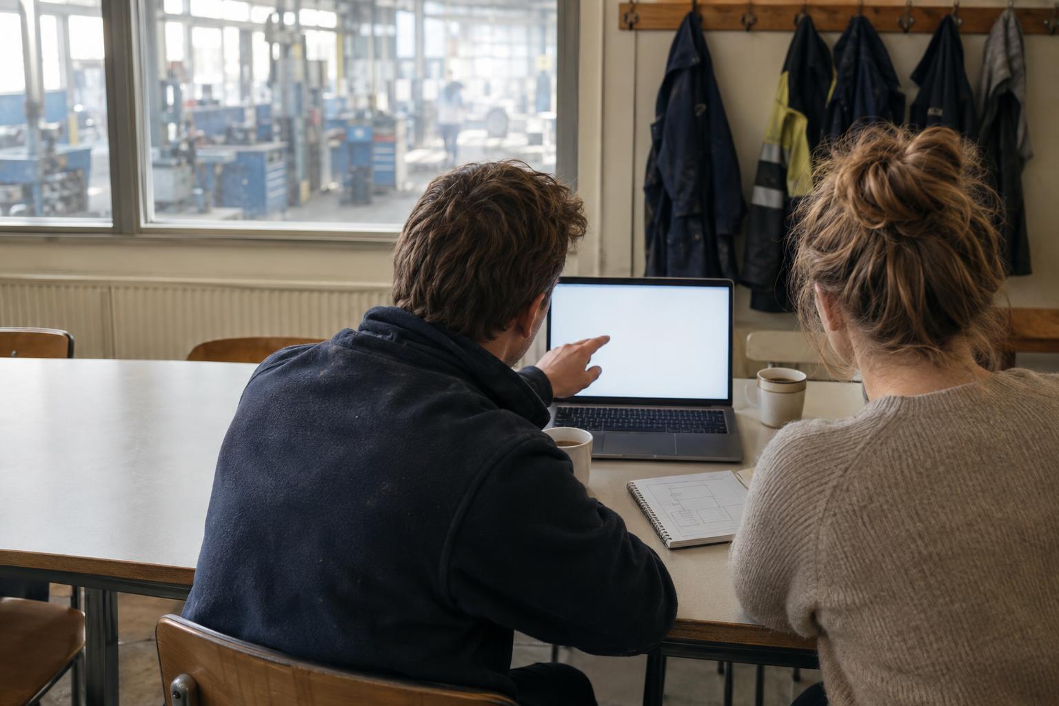Twee mensen aan een kantinetafel in een werkplaats buigen zich over een laptop en een schets.