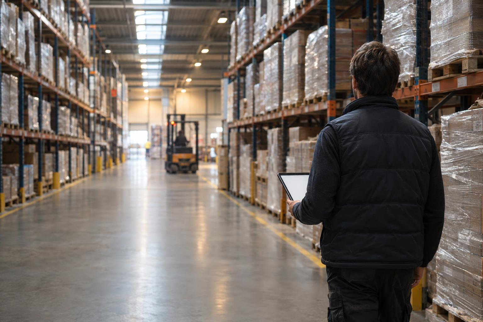 Een magazijnmedewerker loopt met een tablet door een gangpad vol pallets.