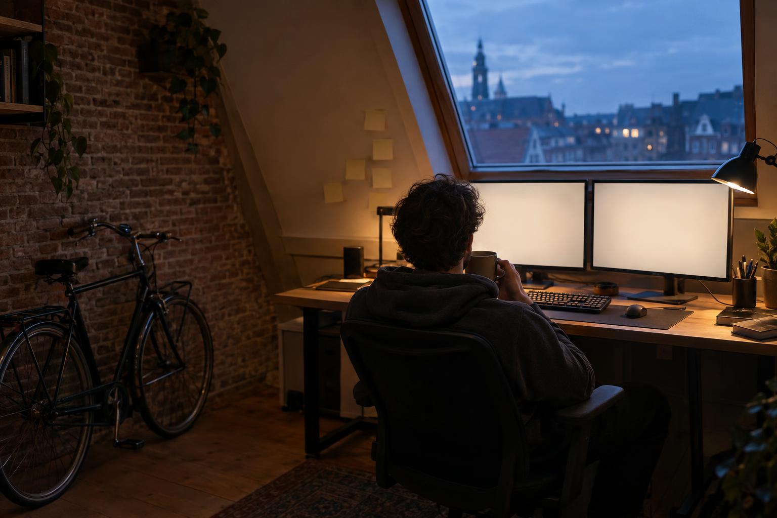 Een ontwikkelaar in een zolderstudio in de avond, met uitzicht over de stad.