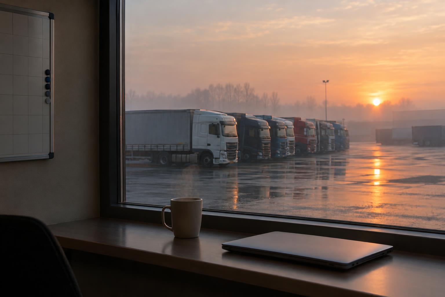 Zonsopgang boven een rij vrachtwagens, gezien vanuit het kantoor van de planner.