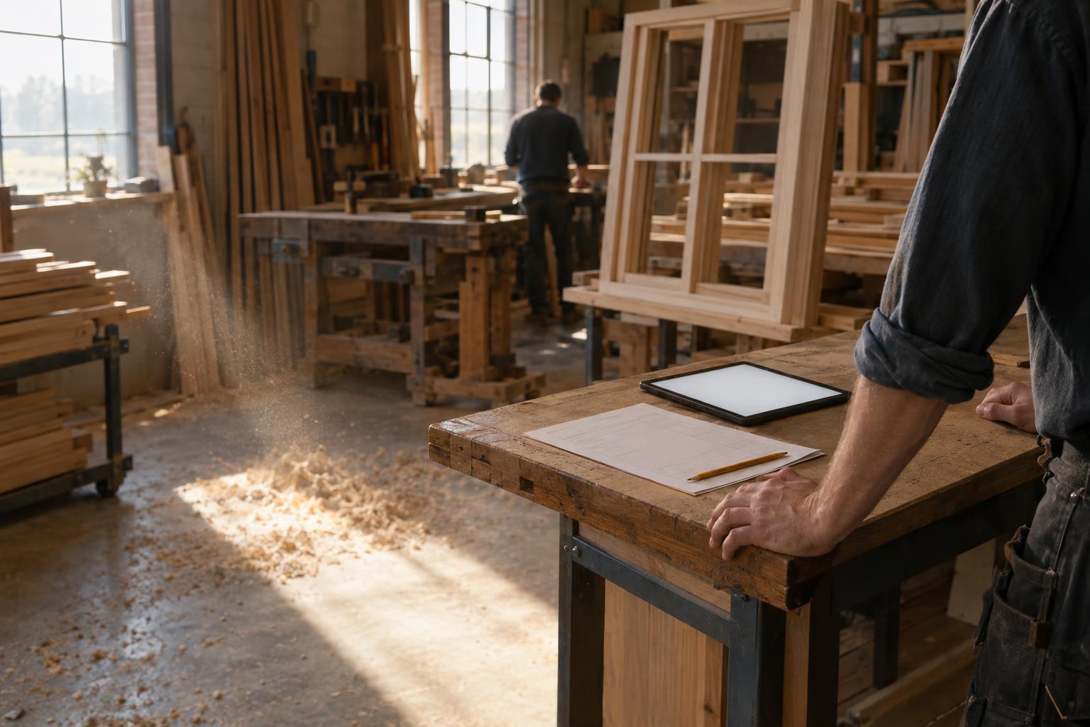 Een timmerwerkplaats: op een werkbank liggen een orderformulier en een tablet.
